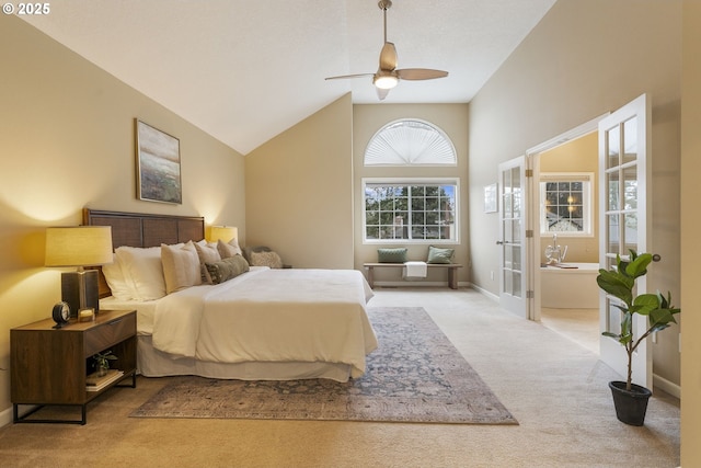 carpeted bedroom with ceiling fan, high vaulted ceiling, and baseboards