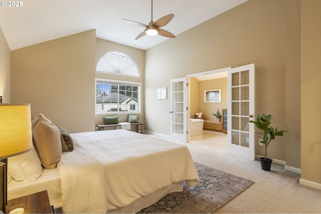 carpeted bedroom featuring ceiling fan, french doors, high vaulted ceiling, and baseboards