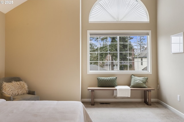 bedroom with visible vents, baseboards, carpet, and vaulted ceiling