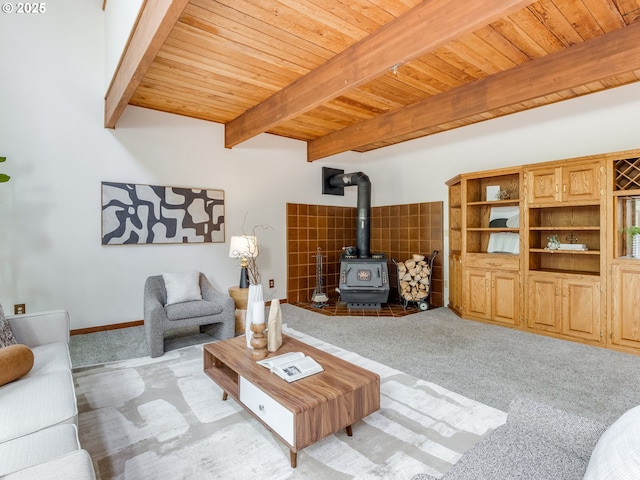 2972 Tolkien Ln, Lake Oswego, OR 97034 - carpeted living room with a wood stove and wooden ceiling with exposed beams
