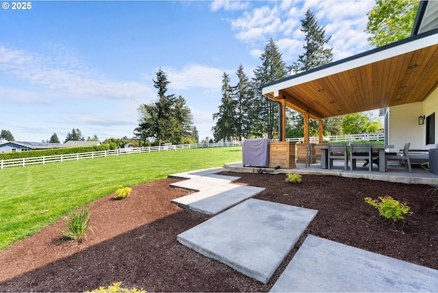 view of yard with a patio area and outdoor dining area