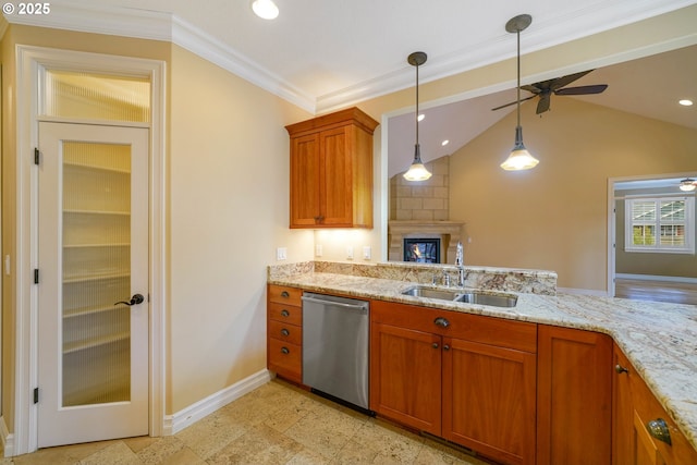 kitchen featuring sink, crown molding, hanging light fixtures, light stone counters, and stainless steel dishwasher