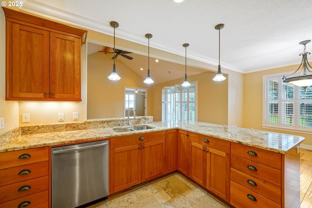 kitchen featuring dishwasher, sink, hanging light fixtures, light stone counters, and kitchen peninsula