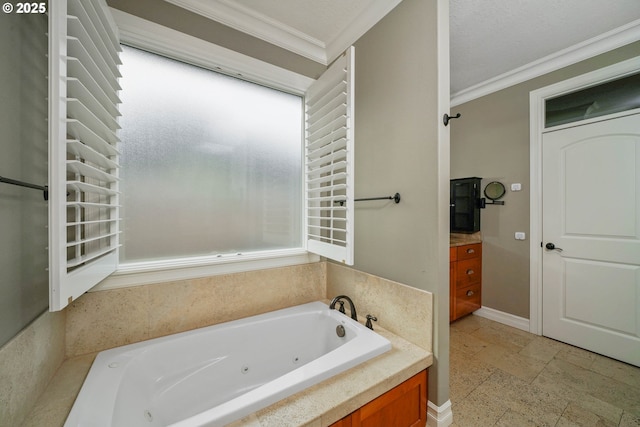 bathroom with a relaxing tiled tub and ornamental molding