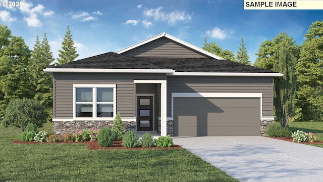 view of front of home with a garage, a front yard, stone siding, and concrete driveway