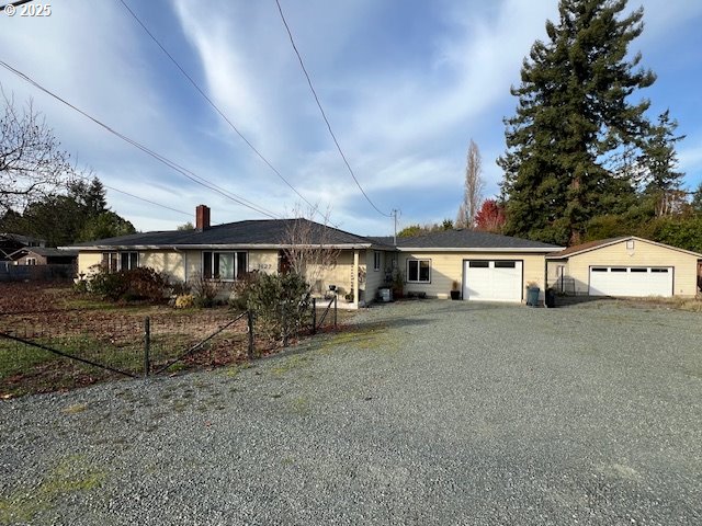 single story home with an attached garage and gravel driveway