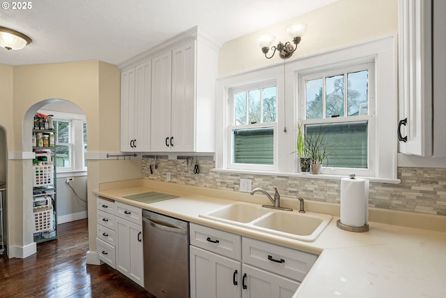 1825 NE 4th St, Salem, OR 97301 - kitchen featuring dishwasher, decorative backsplash, dark wood-style floors, and plenty of natural light