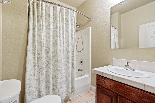 1748 Hardin Ave NW, Salem, OR 97304 - full bathroom with toilet, vanity, tile patterned floors, shower / tub combo with curtain, and a textured wall
