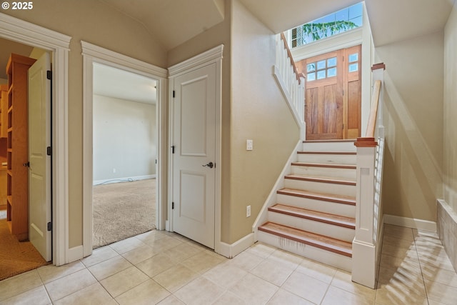 1748 Hardin Ave NW, Salem, OR 97304 - staircase with tile patterned floors, lofted ceiling, baseboards, and carpet floors