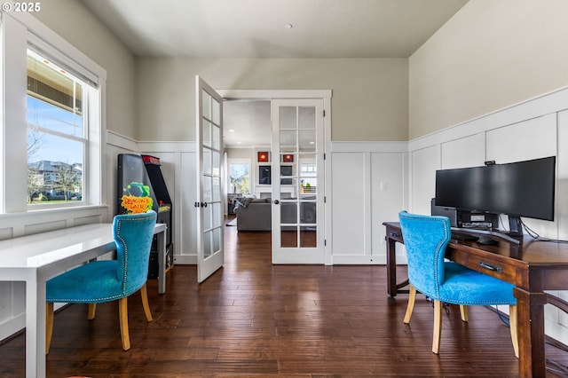 12329 SW Athens Ln, Wilsonville, OR 97070 - office area with french doors, a decorative wall, wainscoting, and dark wood-style flooring