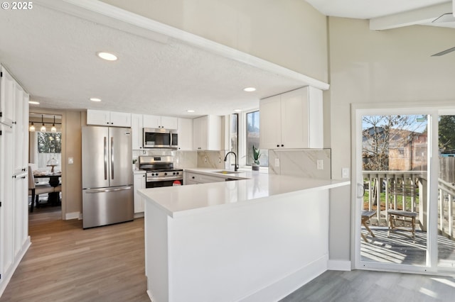 kitchen featuring stainless steel appliances, backsplash, light wood-type flooring, and a sink