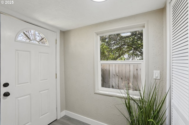 foyer entrance featuring a textured wall, plenty of natural light, and baseboards