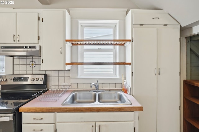 kitchen with stainless steel electric stove, a healthy amount of sunlight, under cabinet range hood, and a sink