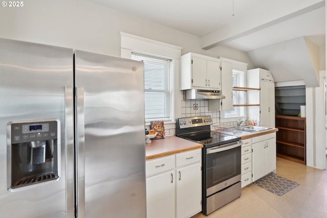 kitchen featuring under cabinet range hood, a sink, tasteful backsplash, stainless steel appliances, and white cabinets