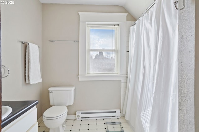 bathroom featuring toilet, a baseboard heating unit, curtained shower, lofted ceiling, and vanity