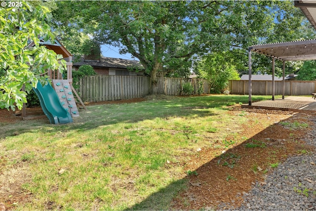 14255 NE Brazee St, Portland, OR 97230 - fenced backyard with a playground and a pergola