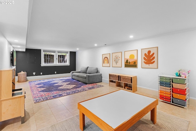 tiled living room featuring baseboards and recessed lighting