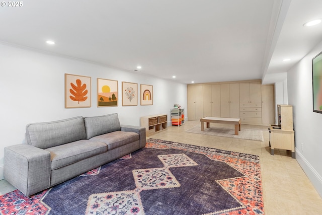 living area featuring baseboards, tile patterned flooring, and recessed lighting