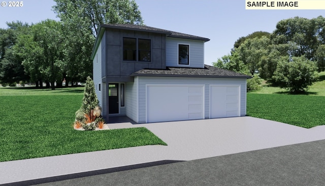 view of front facade featuring a front lawn, concrete driveway, and an attached garage