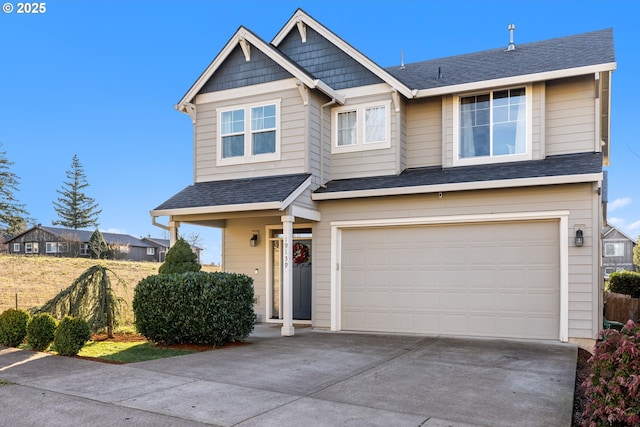 view of front of house with concrete driveway, a shingled roof, an attached garage, and fence