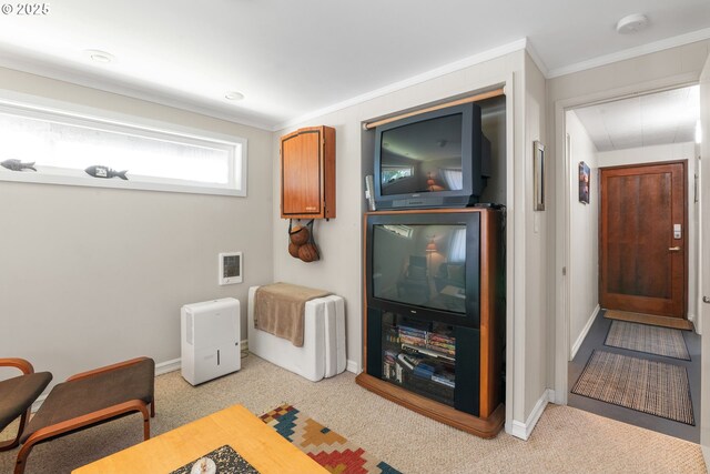 5870 Floyd Ave, Cloverdale, OR 97112 - living area featuring attic access, visible vents, baseboards, light carpet, and ornamental molding