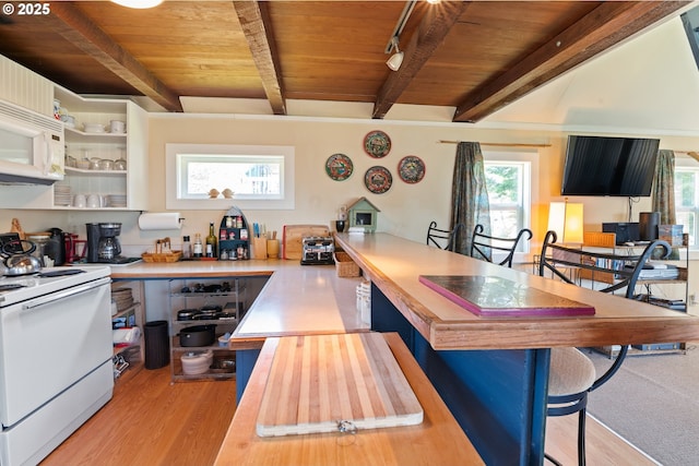 5870 Floyd Ave, Cloverdale, OR 97112 - kitchen with a peninsula, beam ceiling, wood ceiling, and white appliances
