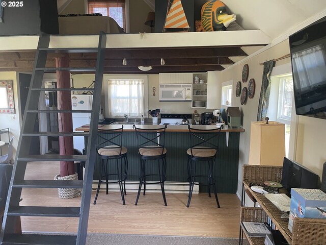 5870 Floyd Ave, Cloverdale, OR 97112 - bar with lofted ceiling, a baseboard radiator, a sink, white microwave, and wood finished floors