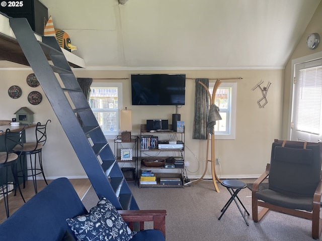 5870 Floyd Ave, Cloverdale, OR 97112 - carpeted living room with lofted ceiling and baseboards