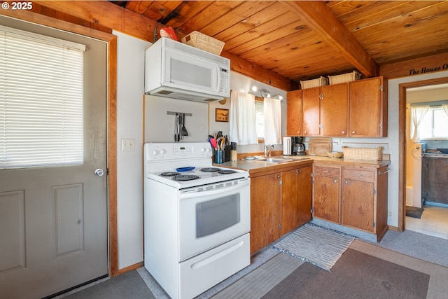 5870 Floyd Ave, Cloverdale, OR 97112 - kitchen with wood ceiling, a sink, brown cabinetry, beamed ceiling, and white appliances