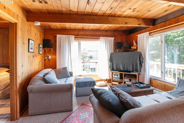 5870 Floyd Ave, Cloverdale, OR 97112 - living area featuring wooden walls, beamed ceiling, and plenty of natural light