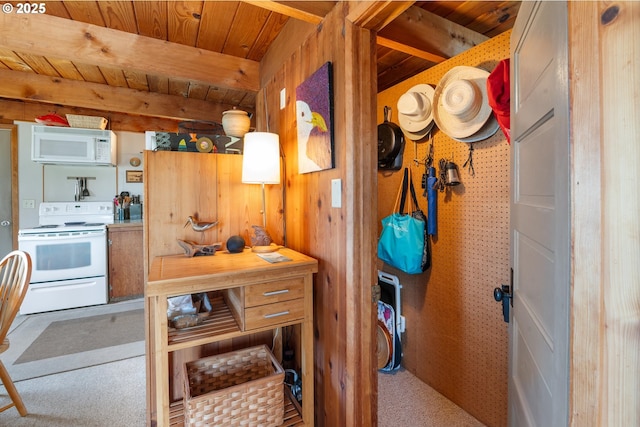 5870 Floyd Ave, Cloverdale, OR 97112 - kitchen with wooden walls, white appliances, carpet floors, and wood ceiling