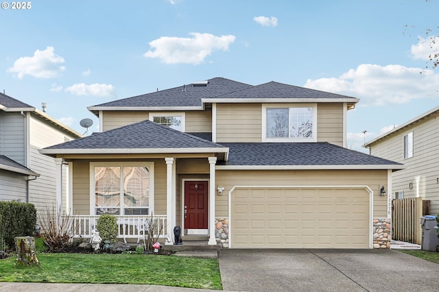 view of front of house featuring a garage, covered porch, and a front lawn