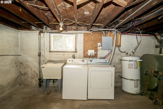 1818 N Killingsworth St, Portland, OR 97217 - below grade area with secured water heater, washer and clothes dryer, oil tank, electric panel, and a sink