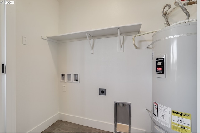 laundry area with washer hookup, water heater, electric dryer hookup, laundry area, and baseboards