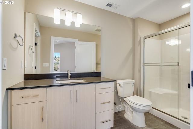 full bath featuring toilet, a stall shower, vanity, and visible vents