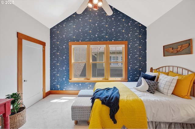 2603 NE 11th Ave, Portland, OR 97212 - carpeted bedroom featuring vaulted ceiling, wallpapered walls, and a ceiling fan