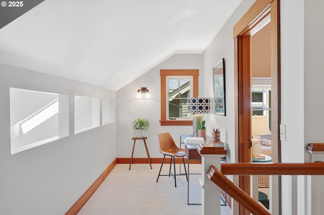 2603 NE 11th Ave, Portland, OR 97212 - corridor featuring carpet flooring, lofted ceiling, and a skylight