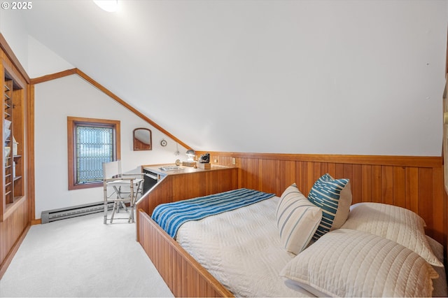 2603 NE 11th Ave, Portland, OR 97212 - bedroom featuring lofted ceiling, a baseboard radiator, light carpet, wooden walls, and wainscoting