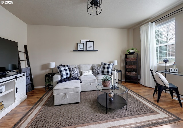 living area featuring a textured ceiling, baseboards, and wood finished floors