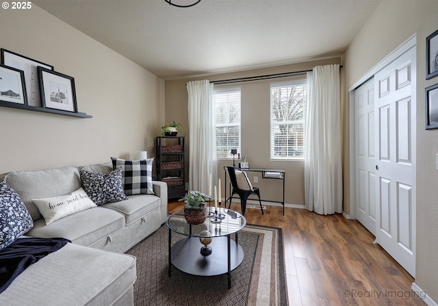 living area featuring wood finished floors, baseboards, and a textured ceiling