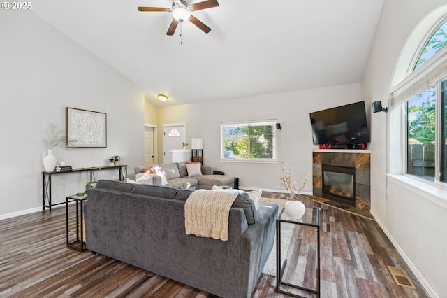 1230 W Fairview Dr, Springfield, OR 97477 - living room with wood finished floors, a fireplace, ceiling fan, and high vaulted ceiling