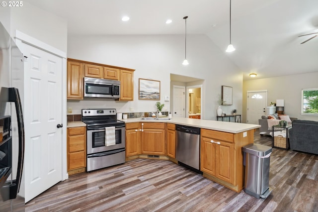 1230 W Fairview Dr, Springfield, OR 97477 - kitchen with stainless steel appliances, a peninsula, high vaulted ceiling, open floor plan, and wood finished floors