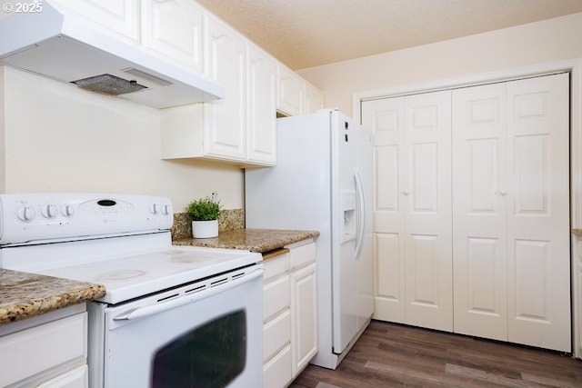 kitchen with under cabinet range hood, white appliances, white cabinetry, and dark wood-type flooring