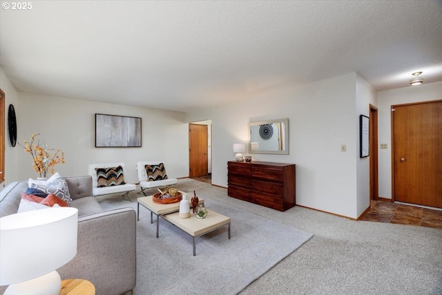 living area with baseboards and carpet flooring