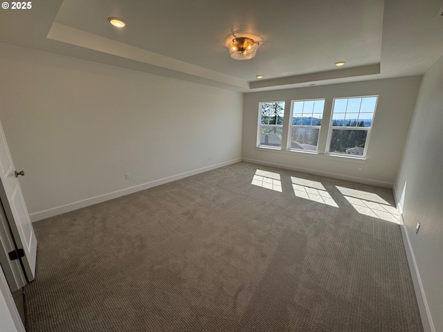 spare room featuring baseboards, a tray ceiling, and carpet floors