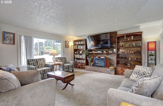 6510 NE 52nd St, Vancouver, WA 98661 - living room with a textured ceiling, a brick fireplace, and carpet