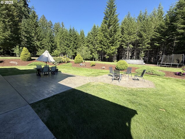 94703 Johnson Rd, Marcola, OR 97454 - view of green lawn with a patio, a trampoline, and a wooded view