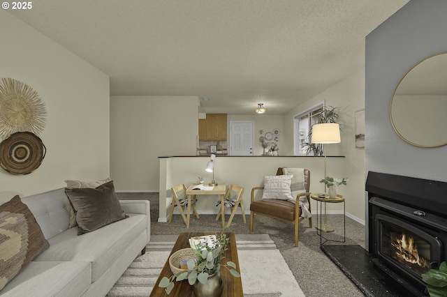 living room featuring a textured ceiling, baseboards, and carpet flooring