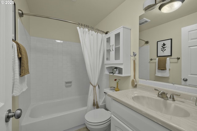 full bath with toilet, shower / bath combo, vanity, and visible vents