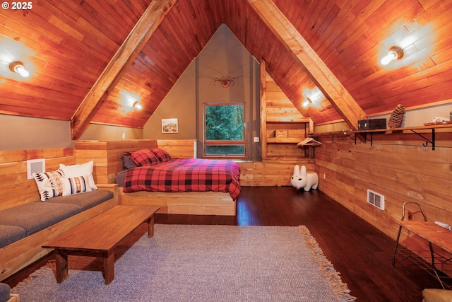 unfurnished bedroom featuring lofted ceiling with beams, wooden walls, hardwood / wood-style floors, and wood ceiling